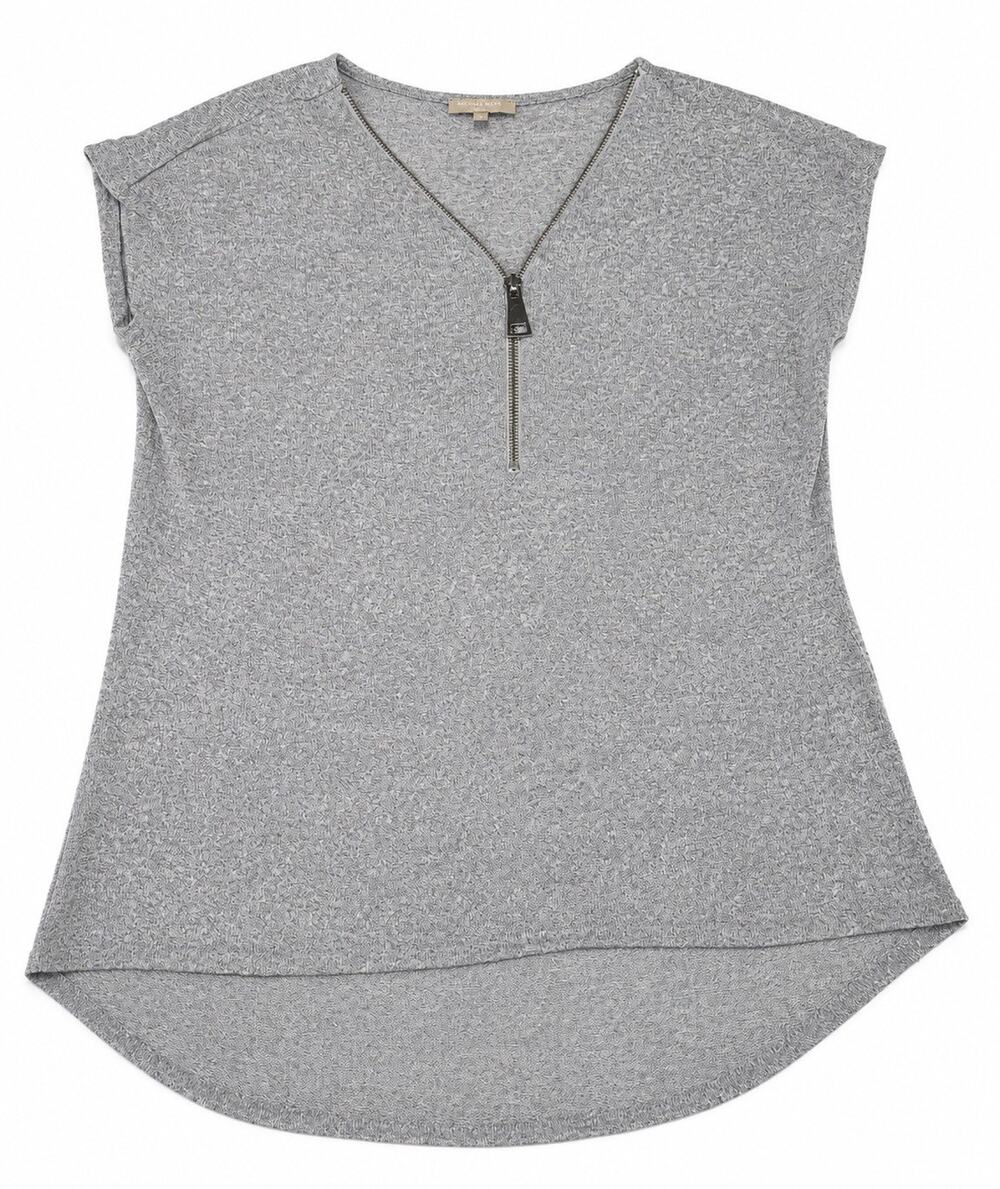 Joan Vass Studio Gray Solid Knit V-Neck Short Sleeve Zip Front Top Size L